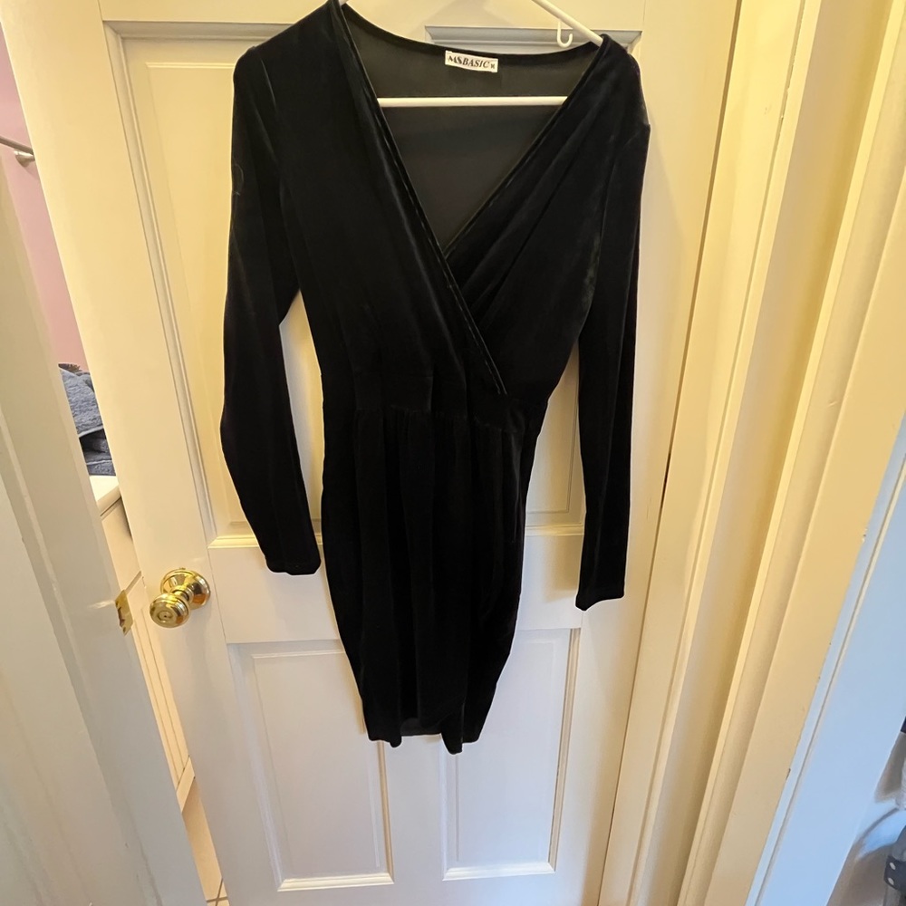 Form fitting black velvet dress